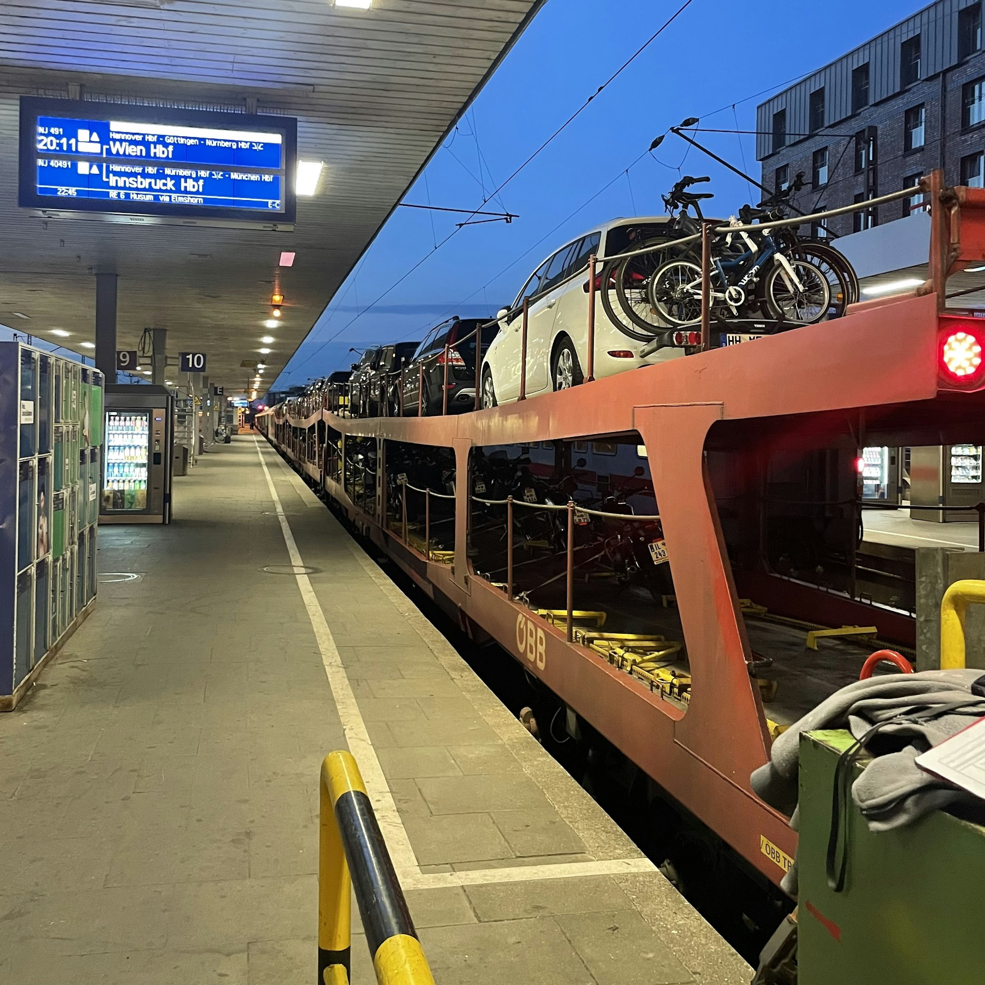 A wagon loaded with cars on the night train from Hamburg to Vienna, at Altona station, Hamburg, Germany